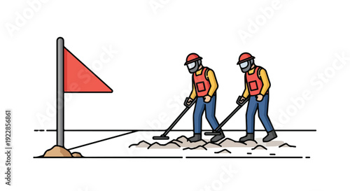 Two mine awareness workers in protective gear clearing land with metal detectors on International Day for Mine Awareness and Assistance in Mine Action.