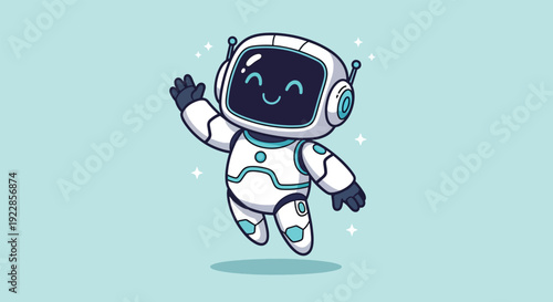 Cute Robot Waving Hello in Space.