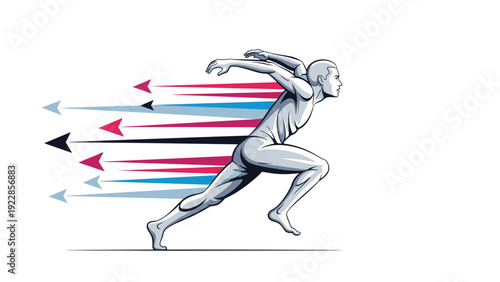 Stylized white silhouette of a runner in a sprinting pose with multiple blue and pink speed lines indicating high velocity.