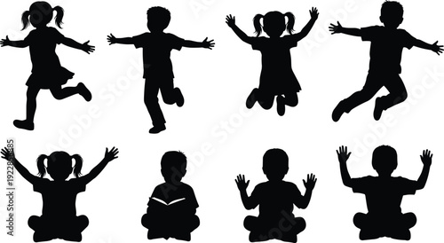 Black silhouettes of happy children jumping, running, sitting, and reading for school, education, play, childhood joy, active youth, and learning concepts.
