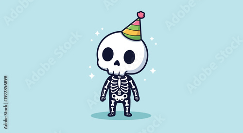 Cute Skeleton Wearing Party Hat Cartoon Vector Illustration.