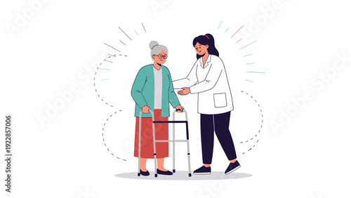 Professional nurse or caregiver assisting an elderly woman walking with a medical frame in a clean vector illustration.
