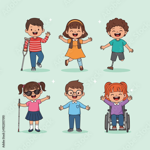 Diverse group of happy children with disabilities enjoying life.