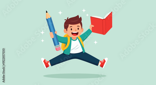 Excited Schoolboy Jumping with Pencil and Book.
