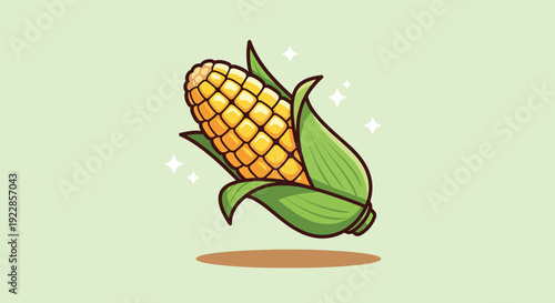 Fresh Corn Cob Illustration with Green Leaves and Yellow Kernels.