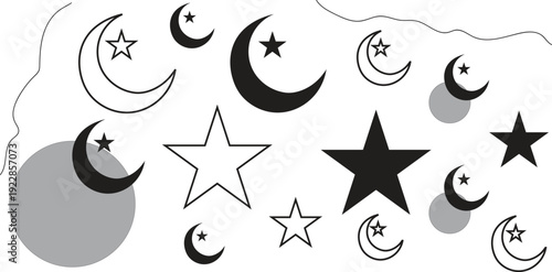 A collection of various crescent moon and star illustrations in black and white
