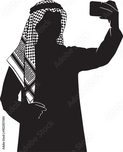 Arab man silhouette taking selfie with smartphone wearing traditional keffiyeh and thawb outfit as symbol of modern lifestyle in middle east culture isolated on transparent background illustration