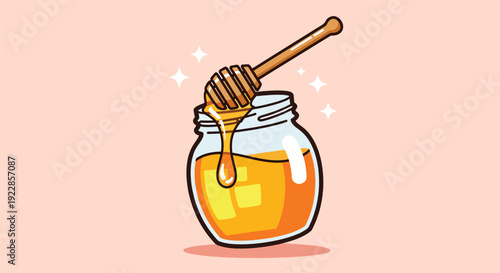 Golden Honey Dripping from Wooden Dipper into Glass Jar.