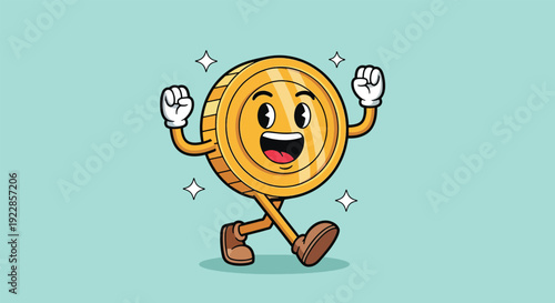 Happy Cartoon Gold Coin Character Walking with Excitement.