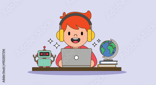Happy Child Learning with Laptop and Robot.