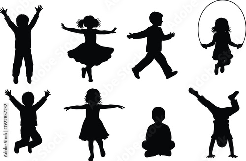Collection of black silhouettes featuring active children jumping dancing running skipping rope and doing handstands for physical education and play