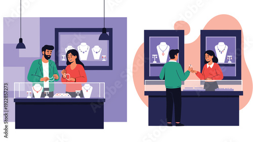 Couples shopping for luxury jewelry items and watches while being assisted by professional staff in a high-end store.