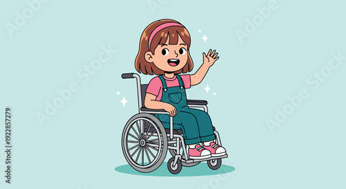 Happy Girl in Wheelchair Waving Hello Vector.