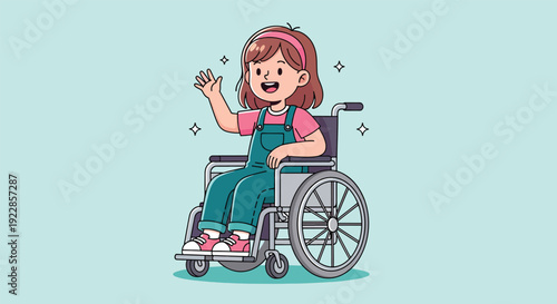 Happy Girl in Wheelchair Waving Hello.