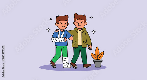 Man Helping Injured Friend with Broken Arm and Leg Vector Illustration.