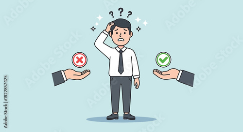 Man making a decision between right and wrong options.