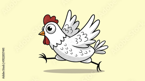 Funny cartoon white chicken running fast across a plain background with a determined expression in a comic book style.