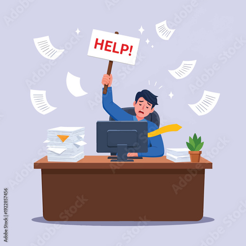 Overwhelmed businessman struggling with workload and asking for help.