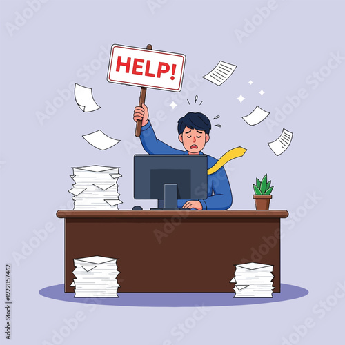 Overwhelmed Businessman Holding HELP Sign Amidst Office Chaos.