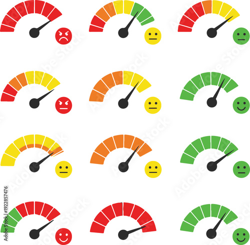 Collection of colorful gauge meter icons in various states