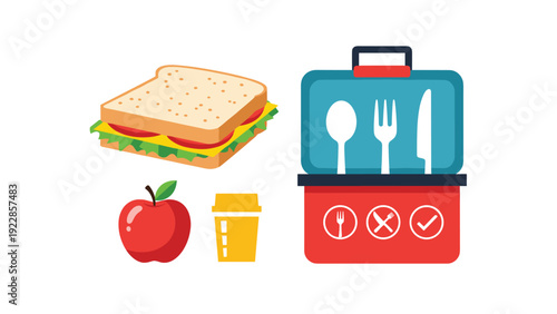 Well-balanced packed lunch with a fresh sandwich, a red apple, and a modern lunchbox containing fork and knife icons.