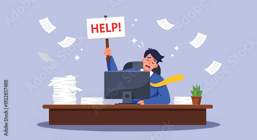 Overwhelmed Office Worker Holding HELP Sign Amidst Flying Papers.