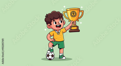 Young Soccer Player Celebrates Victory Holding Golden Trophy.