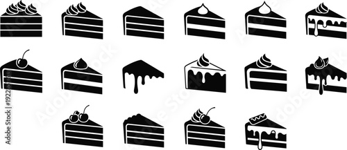 Cake slice icons collection dessert bakery sweet food chocolate cream pastry vector illustration set isolated