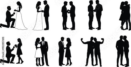 Collection of romantic couple silhouettes showing proposal love relationships engagement wedding moments including diverse partners isolated vector set for stock ❤️