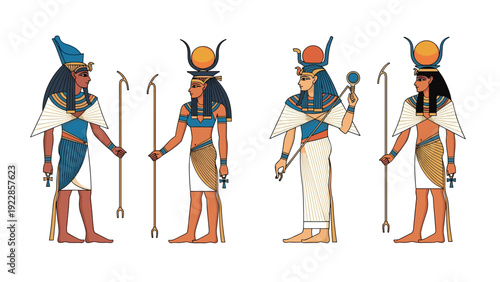 Four ancient Egyptian deities and figures depicted in traditional attire holding symbolic staffs in a flat vector style.