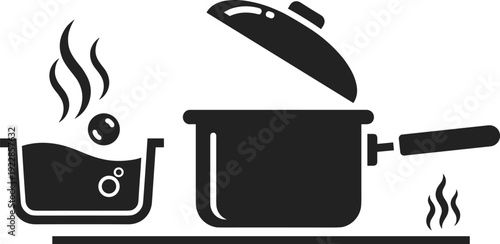 Black Cooking Pot and Pan Vector Silhouette Set with Boiling Water Steam and Open Lid Isolated on White Background