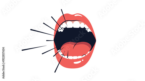 Dramatic illustration of an open human mouth shouting or screaming loudly with sound lines projecting from the center.