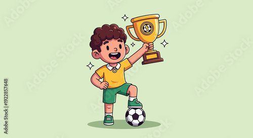 Young Soccer Player Celebrates Victory Holding Trophy.