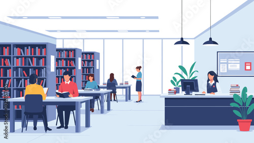 Modern library interior with students studying at desks and a librarian working at a service counter with bookshelves.
