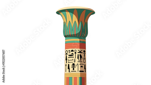 Ornate ancient Egyptian column decorated with traditional lotus patterns and authentic hieroglyphic symbols on a white base.