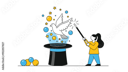 Skilled magician performing a classic trick by pulling a white dove out of a black top hat with stars and sparkles.