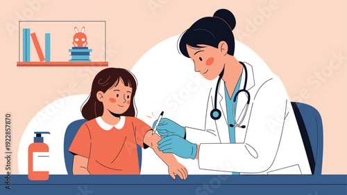 Professional doctor in a white coat administering a vaccine shot to a young girl in a clinic or hospital examination room.