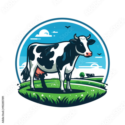 Classic Farm Scene Featuring a Dairy Cow Grazing in Lush Green Fields with Rolling Hills and Clear Blue Sky Perfect for Agricultural Branding