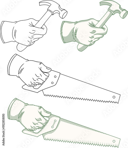 gloved hand holding a hammer and a carpenter's saw cutting wood.represents manual labor, woodworking craftsmanship,traditional construction techniques,architectural heritage and professional carpentry