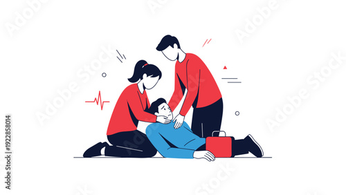 Illustration of two people providing emergency first aid assistance to an unconscious man on the ground with a medical kit nearby.