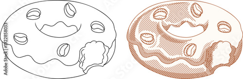 a delicious glazed donut with a bite mark, rendered in a classic vintage etching and woodcut style.for bakery branding, retro-themed cafe menus, and culinary graphic