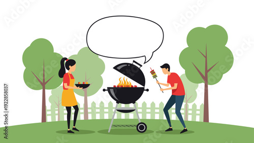 Young couple enjoying a backyard barbecue picnic in a green park with trees and a large empty speech bubble for custom text messages.