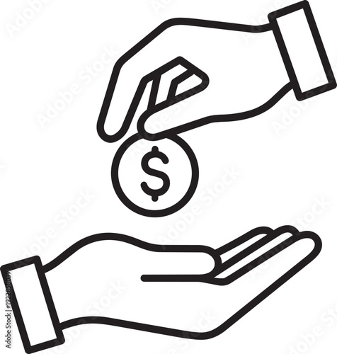 Simple line drawing of a hand paying tax money to another hand representing business financial transaction