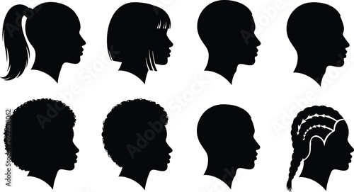 Eight human head silhouettes in profile with diverse hairstyles including ponytail, bob, shaved, curly, and braided, ideal for design, education, and cultural projects