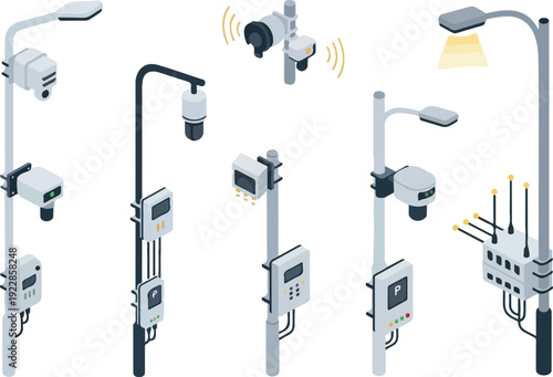 Various street-mounted security cameras and sensors installed on poles with different configurations and attachments