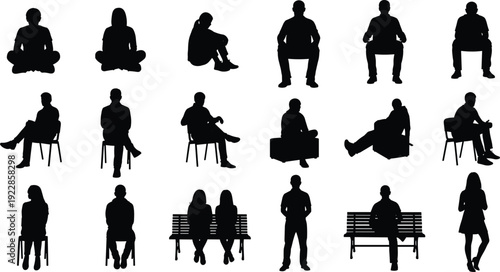 Eighteen human silhouettes in seated and standing postures arranged in rows, ideal for design references, animation, body language studies, and educational projects