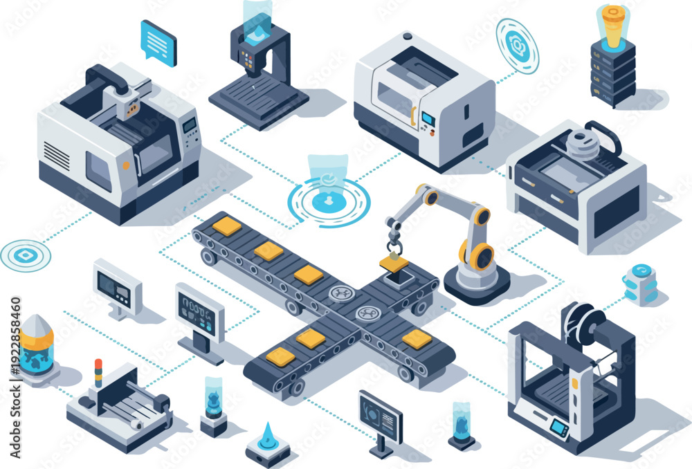 Obraz premium Industrial Automation Process Illustration Featuring Machines, Robotics, and Technology in a Modern Factory Setting from an Overhead Viewpoint