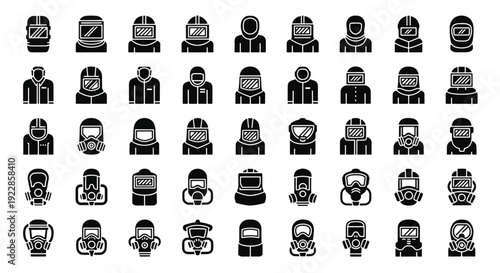 A diverse collection of black and white icons representing various occupations and characters displayed in a grid pattern on a neutral background