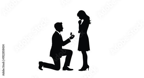 A romantic silhouette depicts a man proposing to a woman on one knee