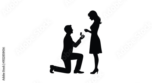 A romantic scene depicts a man proposing to a woman on one knee